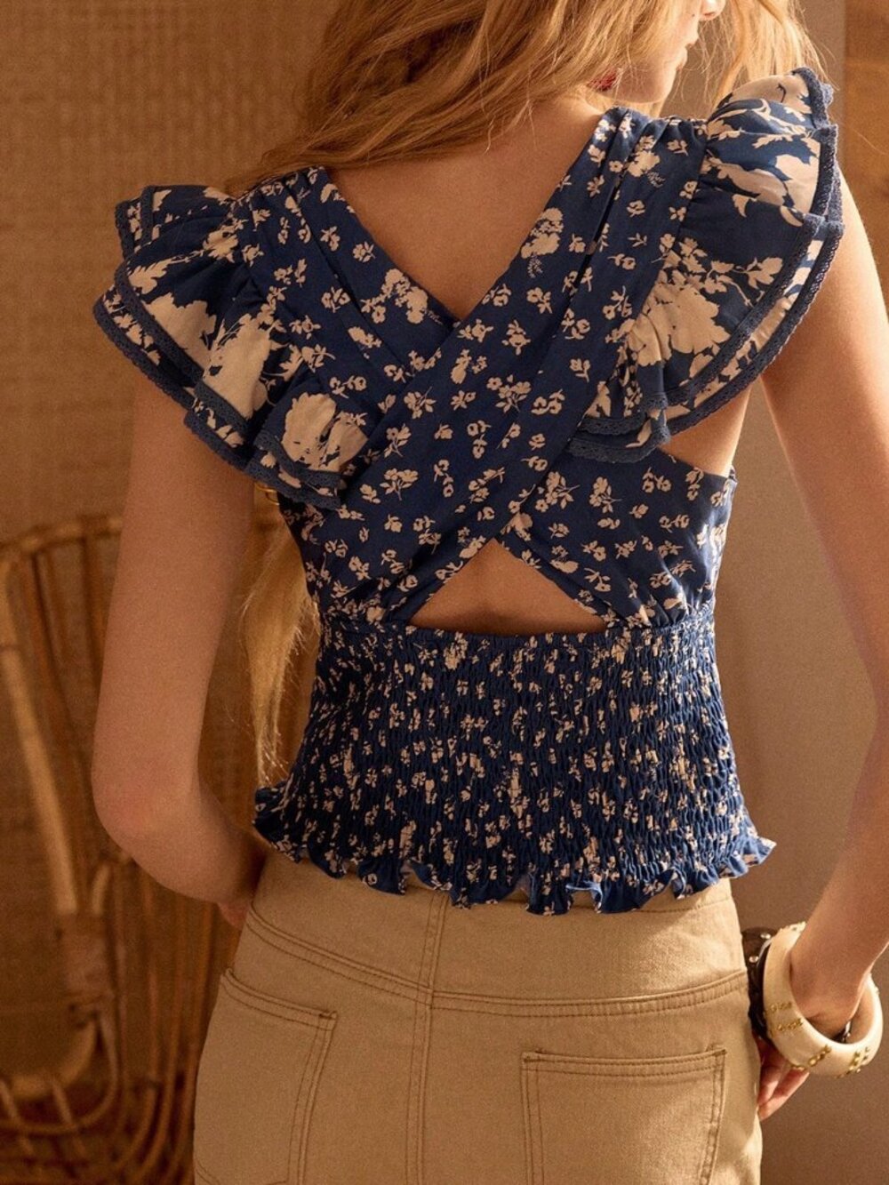 Blue Boho Women's Printed Ruffle Waist Vacation Top - Picture 2 of 7